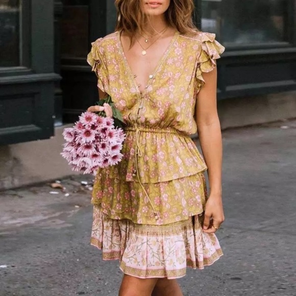 Green Floral Boho Retro Tiered Ruffle Mini Dress - Picture 2 of 12